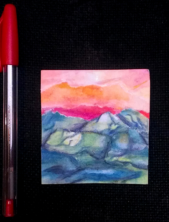 then, line, form, colour, texture, structure on a little canvas (pen for size comparison, and mountains as a fitting subject matter!)